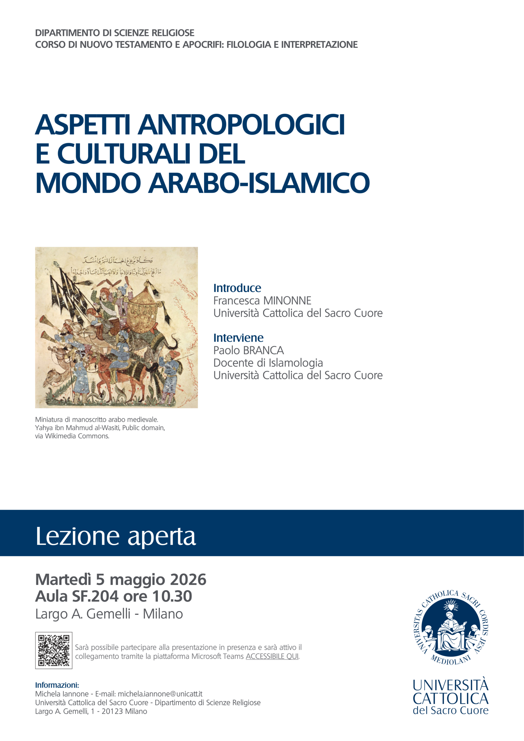 Affiche officielle Cattolica Milano — Lezione aperta « Aspetti antropologici e culturali del mondo arabo-islamico » par Paolo Branca, 5 mai 2026.