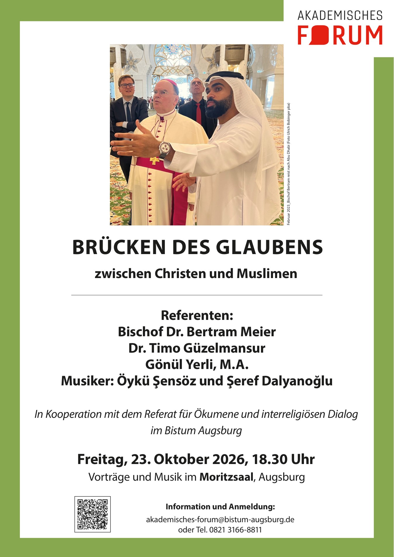 Affiche de la soirée Brücken des Glaubens zwischen Christen und Muslimen, Akademisches Forum du diocèse d'Augsbourg, 23 octobre 2026, avec Bertram Meier, Timo Güzelmansur et Gönül Yerli