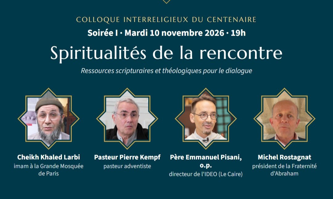 Visuel officiel de la soirée « Spiritualités de la rencontre » du colloque interreligieux du centenaire de la Grande Mosquée de Paris