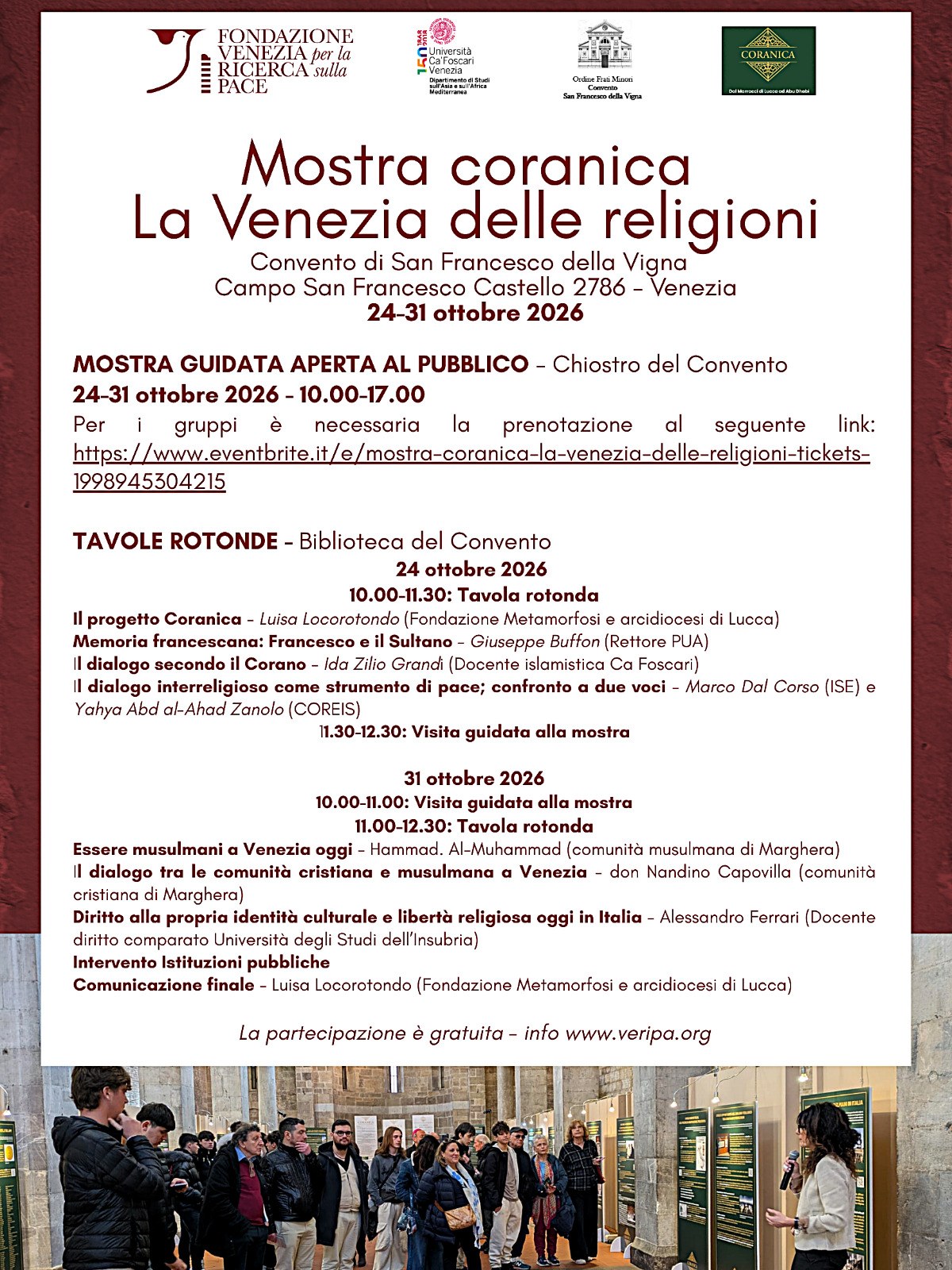 Affiche de la Mostra coranica. La Venezia delle religioni, couvent San Francesco della Vigna, Venise, 24-31 octobre 2026, avec le programme des tables rondes