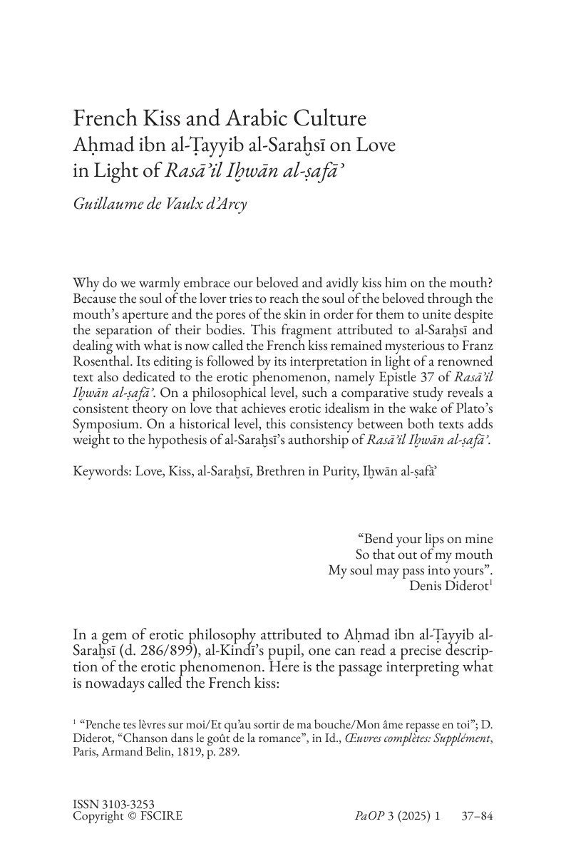 Première page de l'article « French Kiss and Arabic Culture » de Guillaume de Vaulx d'Arcy, Palermo Occasional Papers 3 (2025)