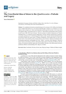 Première page de l'article « The Conciliarist Idea of Islam in the Quattrocento: Prelude and Legacy » de Marco Demichelis, revue Religions (MDPI, 2024)