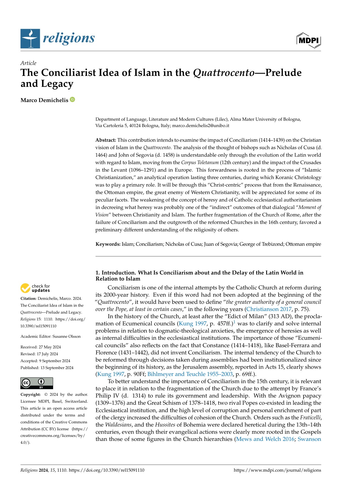 Première page de l'article « The Conciliarist Idea of Islam in the Quattrocento: Prelude and Legacy » de Marco Demichelis, revue Religions (MDPI, 2024)