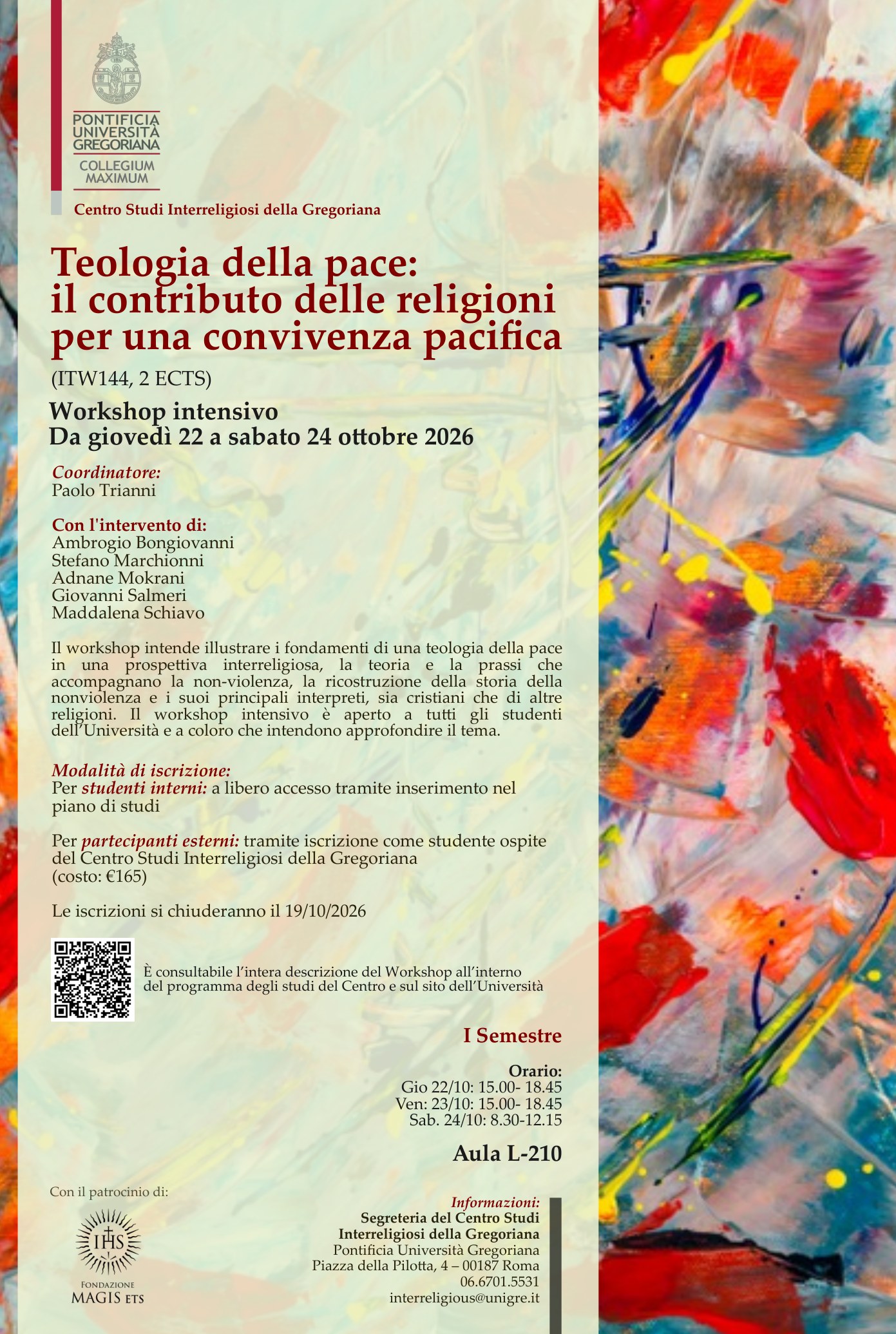 Affiche du workshop intensif Teologia della pace: il contributo delle religioni per una convivenza pacifica, Centre d'études interreligieuses de l'Université pontificale grégorienne, Rome, 22-24 octobre 2026